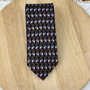 Ermenegildo Zegna Mens Tie‎ Woven 100% Silk Black Blue Geometric Floral Abstract